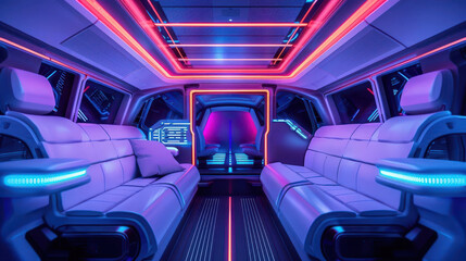 Fototapeta premium Pet-friendly autonomous vehicle with advanced travel features, cyberpunk, neon lighting