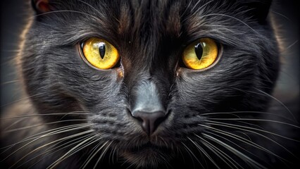 Mysterious black cat with piercing yellow eyes gazes directly at camera, showcasing whiskers and textured fur in high definition close-up.
