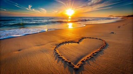 Warm sunlight illuminates a serene beach setting with footprints leading to a heart-shaped impression in the sand.