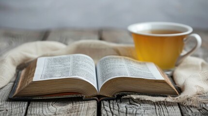 Close up of open Bible and tea on wooden surface against white backdrop symbolizing Christian study and Scripture reading