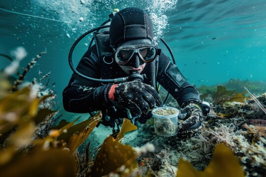 A marine biologist in scuba gear collecting samples from the ocean floor