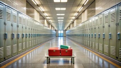 Obraz premium Empty hallway corridor with rows of lockers and a single lunch box or meal tray abandoned on the floor alone.
