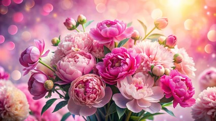 Fototapeta premium Vibrant pink hues dominate the serene scene, where a lavish bouquet of peonies takes center stage on a soft, dreamy backdrop.