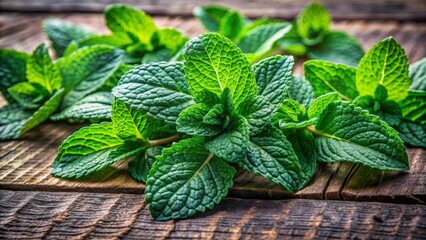 Freshly picked bright green mint leaves scattered on a rustic wooden table, showcasing their vibrant color and delicate texture.