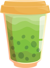 Plastic cup full of matcha bubble tea with tapioca pearls is waiting