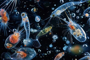 A microscopic view of plankton and other tiny sea organisms in their natural habitat