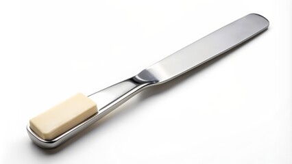 Sleek, reflective, stainless steel butter knife lies horizontally on a plain white background, showcasing its modern, minimalist design aesthetic.