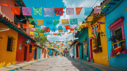 Naklejka premium A festive street in Mexico with vivid, intricately painted buildings and papel picado banners overhead
