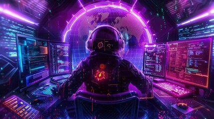 Futuristic cyberpunk hacker working at multiple computer screens in a neon-lit tech environment with digital interfaces and holograms.