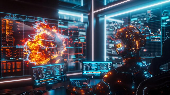 Futuristic cybernetic figure analyzing digital data in a high-tech environment with holographic interface and vibrant lights.
