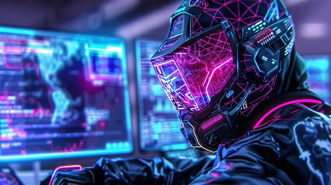 Futuristic cyber soldier working on advanced computer systems with neon lights and digital data displays in a high-tech environment.