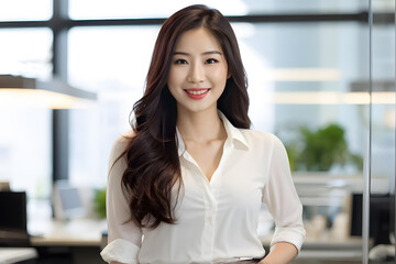 A woman with long hair and a white shirt is smiling for the camera