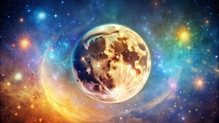 Fototapeta premium Vibrant, luminous moon at zenith, radiant against a backdrop of twinkling stars, soft, dreamy watercolor hues, dark center for overlay.