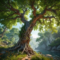 Majestic Ancient Tree in a Lush Forest by a River.