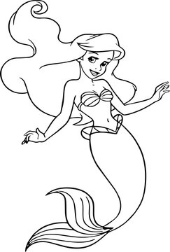 Coloring page. Cute mermaid Coloring book, colouring page. Girl, princess, fairy girl. Outline mermaid. Vector illustration isolated white background. Kids drawing activity. Printable