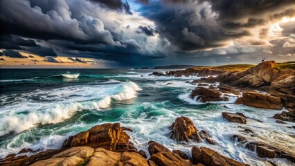 Obraz premium Dark ominous clouds gather over turbulent waves crashing against rocky shores as the stormy weather approaches the isolated coastline.