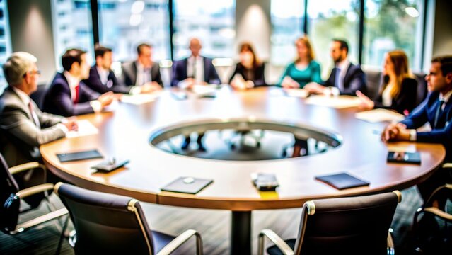 Business Roundtable Blur: A business roundtable setup with executives and round table discussion, softly blurred to emphasize strategic planning and collaborative decision-making.
