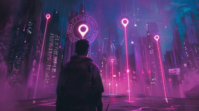 Digital map showing location with two sets of pins, representing GPS technology