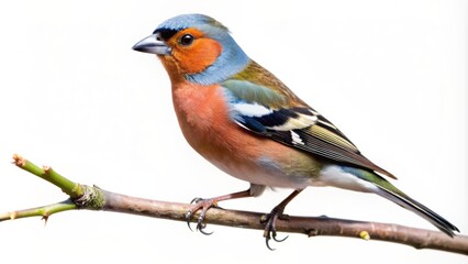 Fototapeta premium Vibrant male Chaffinch perches on twig, showcasing bright brown back, grey cap, and white wings against a clean white background.