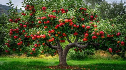 A tree laden with bright red apples in a lush green field, perfect for agricultural or nature-themed uses