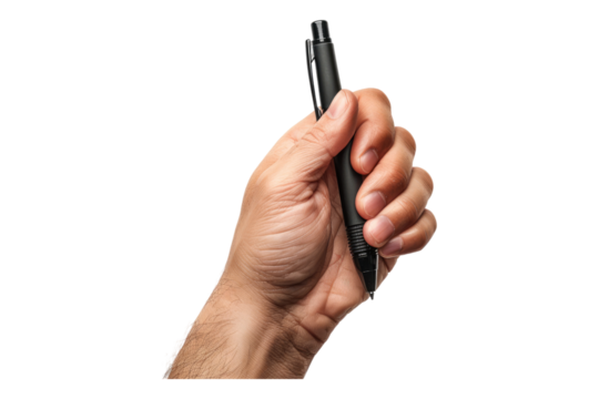 Hand holding pen isolated on transparent background
