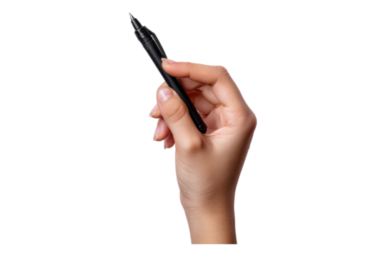 Hand holding pen isolated on transparent background