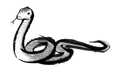 蛇の水墨画、巳年の年賀状素材