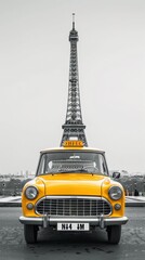 Stylish parisian taxi with eiffel tower, minimalistic design on white background