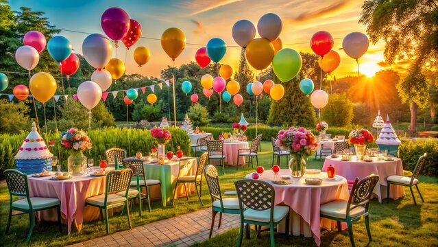 Vibrant summer evening scene with colorful balloons, tables laden with assorted homemade desserts, and vintage ice cream parlor backdrop.