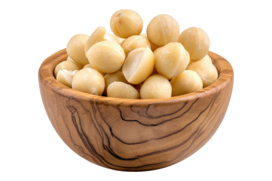 Macadamia in a wooden bowl isolated on transparent background
