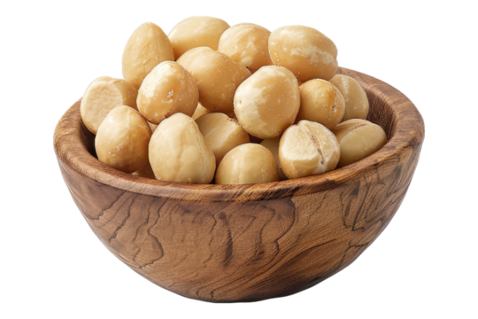 Macadamia in a wooden bowl isolated on transparent background