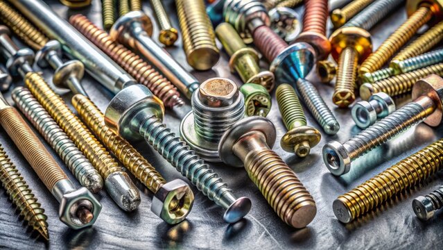 A neat, organized set of assorted metal screws of various sizes and types on a clean, gray, textured background.