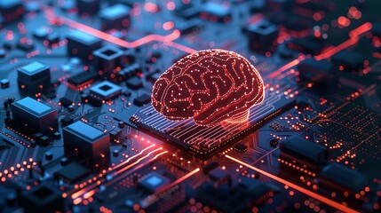 Neural circuits and electronic cyber brain within a quantum computing system, representing artificial intelligence technology, biotechnology innovation, robotic advancements, and machine learning.