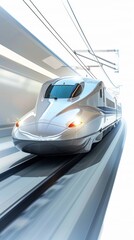 Sleek japanese bullet train speeding through countryside in elegant minimalistic design