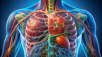 Macroscopic detailed illustration of the human liver's internal anatomy, showcasing its lobes, hepatic veins, and intricate network of blood vessels.