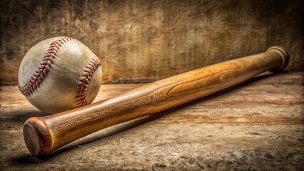 A lone, worn, wooden baseball bat lies horizontally on a neutral background, its grain and texture prominently on display.