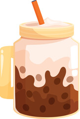 Refreshing and delicious bubble tea beverage is being served in a glass jar with a straw