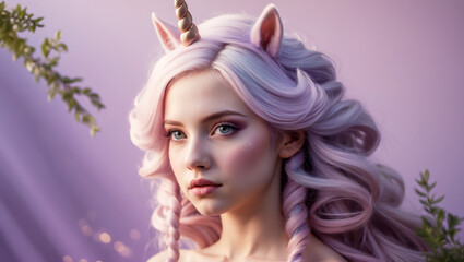 Naklejka premium A young woman with long, flowing pink and purple hair, a unicorn horn, and ears looks off to the side with a wistful expression