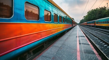 Vibrant indian train in minimalistic style passing through countryside on white background