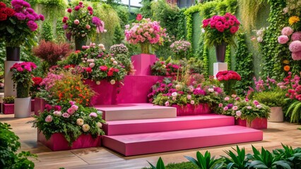 Vibrant pink platform adorned with vibrant flowers and lush greenery, providing ample space for showcasing products in a serene atmosphere.