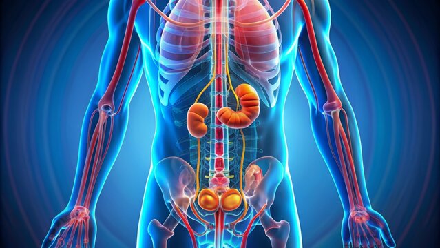 Detailed illustration of the human urinary system showcasing kidneys, ureters, bladder, and urethra in a colorful, anatomically correct diagram.