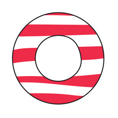 Simple inflatable lifebuoy, swimming ring flat style vector illustration striped in red, white colors for safety, nautical, beach resort, vacation, holiday themes.