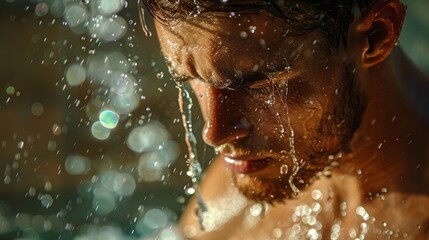 Closeup of a handsome young man having a refreshing shower at home,model concept,space for text.