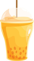 Plastic cup of bubble tea with straw sticking out filled with tapioca balls and delicious flavorful juice