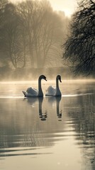 Fototapeta premium Two swans creating a heart shape with their necks on a tranquil, misty lake, surrounded by a faintly visible forest.