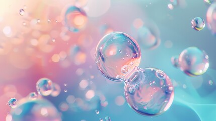 Molecules inside clear liquid bubbles on light background. Skin care cosmetics solution concept. 3D rendering.