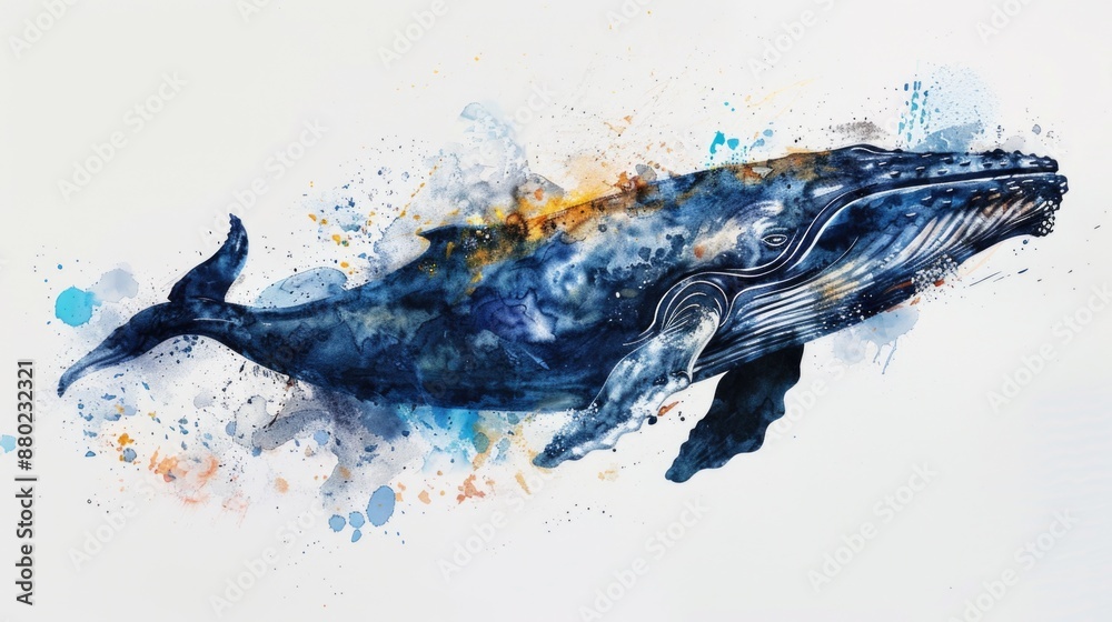 Poster a close-up view of a blue whale with colorful paint splatters on its body