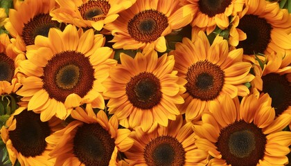 Fototapeta premium Close-up of bright yellow sunflowers in full bloom, with dark centers, creating a summery atmosphere.