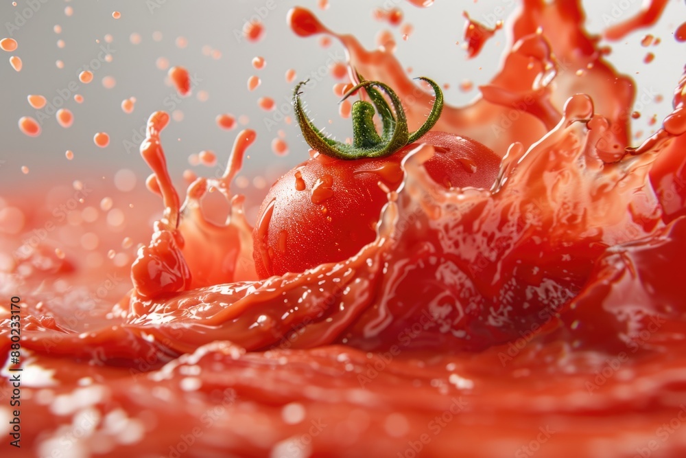 Poster close-up shot of a tomato getting splashed with water, highlighting juicy texture and vibrant color