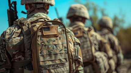 Fototapeta premium Soldiers with American Flag Backpack